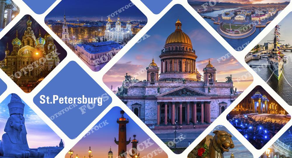 На этом коллаже представлены главные достопримечательности Санкт-Петербурга, включая Исаакиевский собор, Спас-на-Крови, Стрелку Васильевского острова и Ростральные колонны. Этот сборник передает разнообразие архитектурных и культурных символов города. Каждый элемент коллажа напоминает о величии и красоте Санкт-Петербурга, привлекая туристов со всего мира.